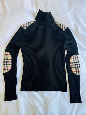 Burberry Black Ribbed Turtleneck Sweater with Plaid Elbow & Shoulder Patches (L)